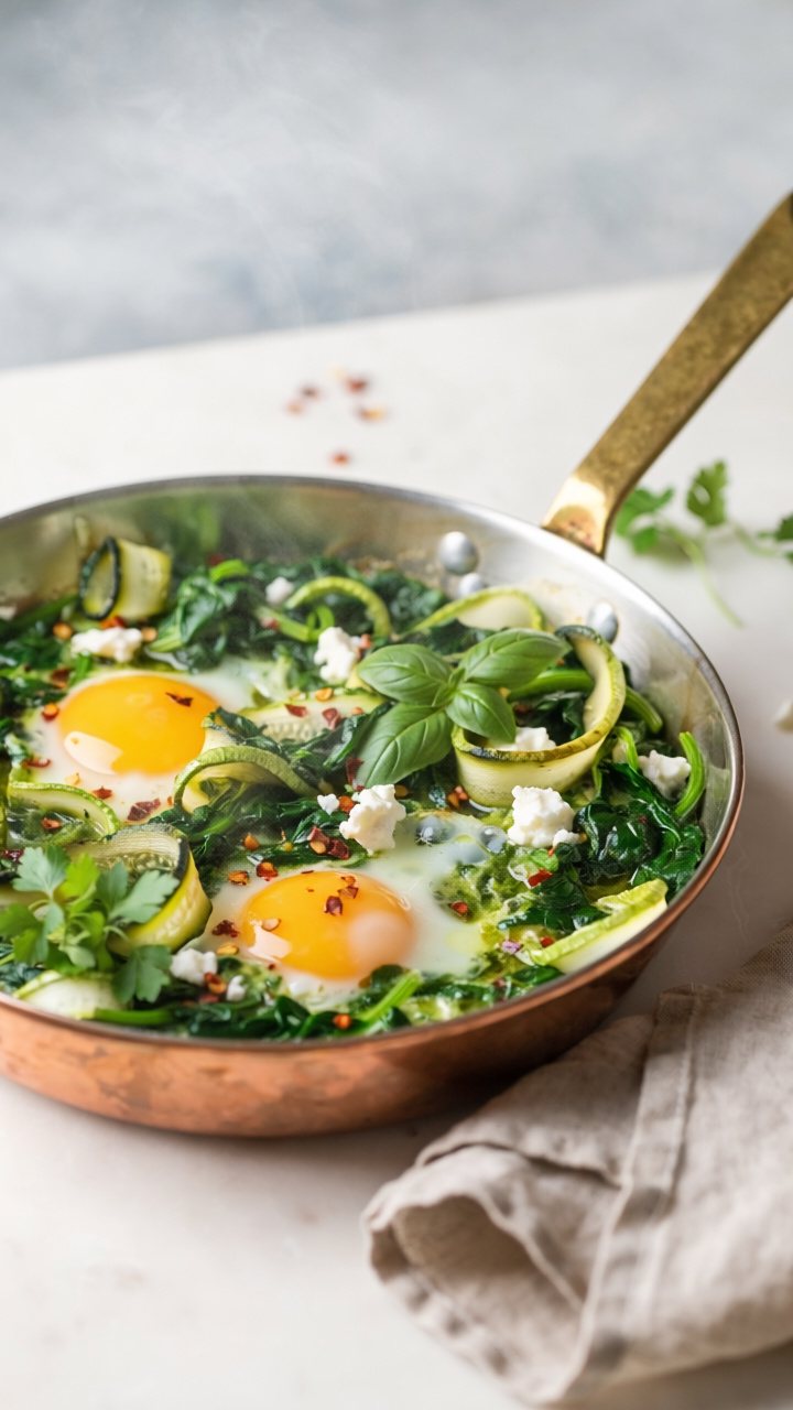 A copper pan of wilted spinach and courgette ribbons with two baked eggs, crumbled white cheese, chilli flakes and fresh basil