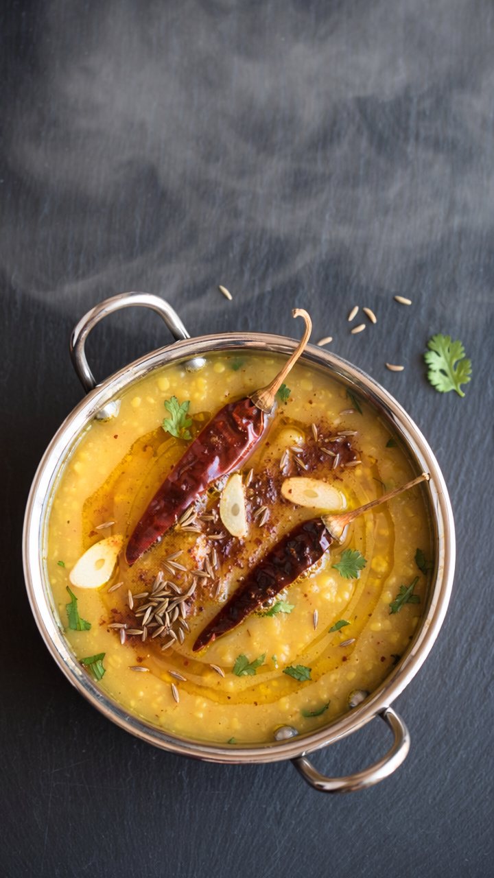 A steel pan of golden yellow dal topped with a tempering of cumin seeds, whole dried red chillies and sliced garlic in shimmering oil, on a dark slate surface