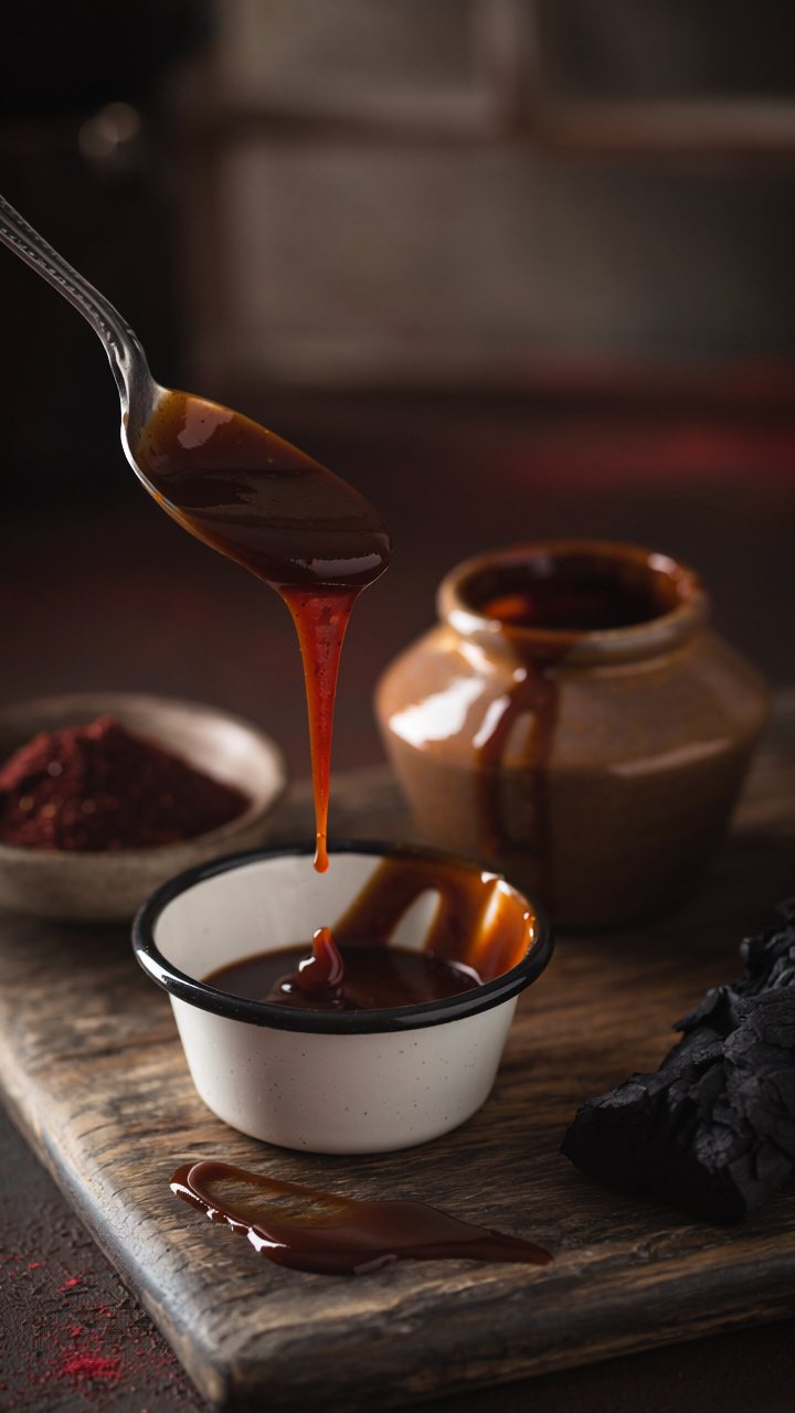 Dark, glossy tomato-based sauce dripping from a spoon into a small white enamel pot, with a dish of red spice and a clay jar on a wooden board