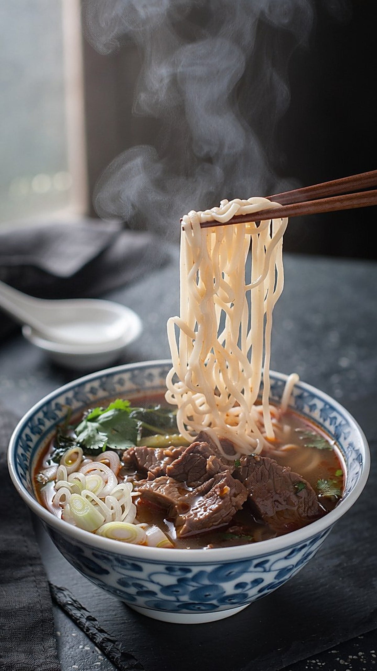 Dark wooden chopsticks lifting wheat noodles from a steaming blue-and-white bowl of beef noodle soup with spring onion and coriander