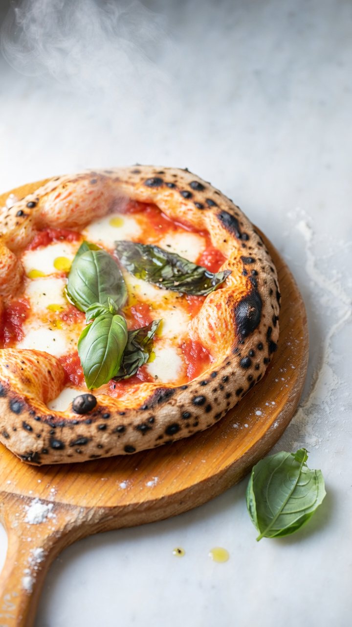Neapolitan-style Margherita pizza with a blistered, leopard-spotted crust, tomato, melted mozzarella and fresh basil on a wooden peel