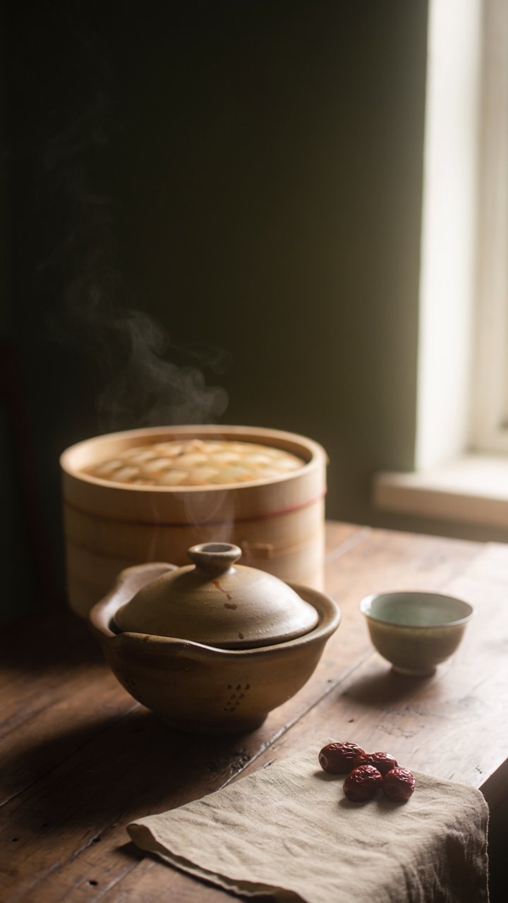 A steaming bamboo steamer and a lidded clay pot on a wooden table by a window, with a small tea cup and a few dried red dates on a linen cloth