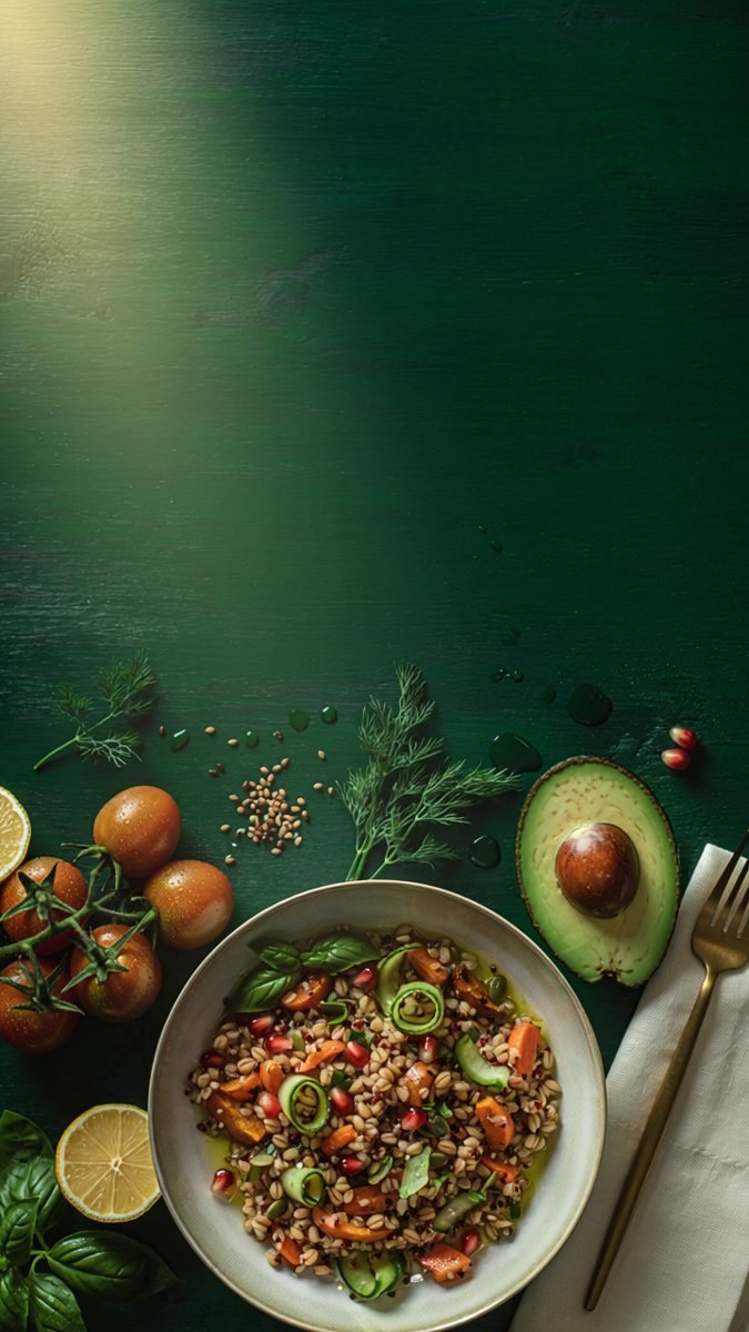 Overhead view of a bowl of mixed grains with diced carrot, courgette, pomegranate seeds and basil on a dark green table, with halved avocado, cherry tomatoes, lemon and dill alongside